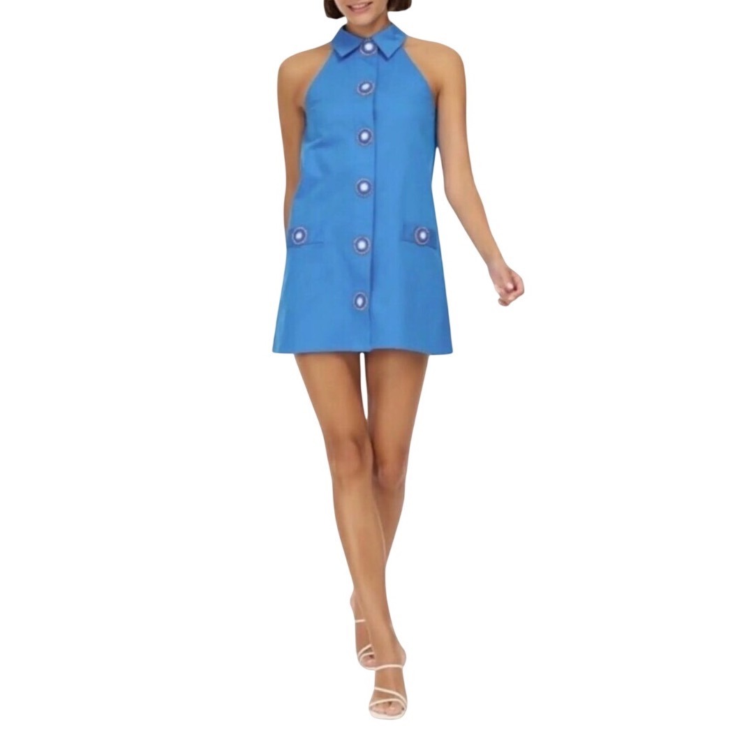 My Beachy Side Dress Amber Mini Blue Crochet Medallion Button Halter New M